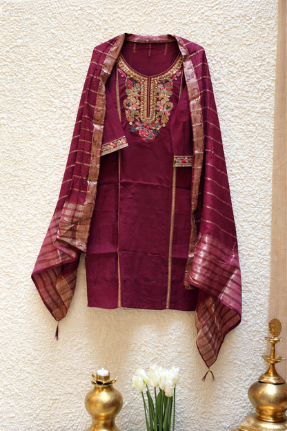 Gulnaar Maroon Silk Embroidered Kurtha Set with Dupatta