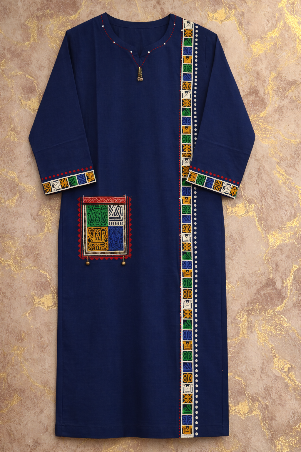 Navy Blue Embroidered Cotton Kurta Set with Multicolor Patch