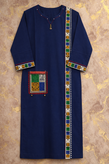 Navy Blue Embroidered Cotton Kurta Set with Multicolor Patch