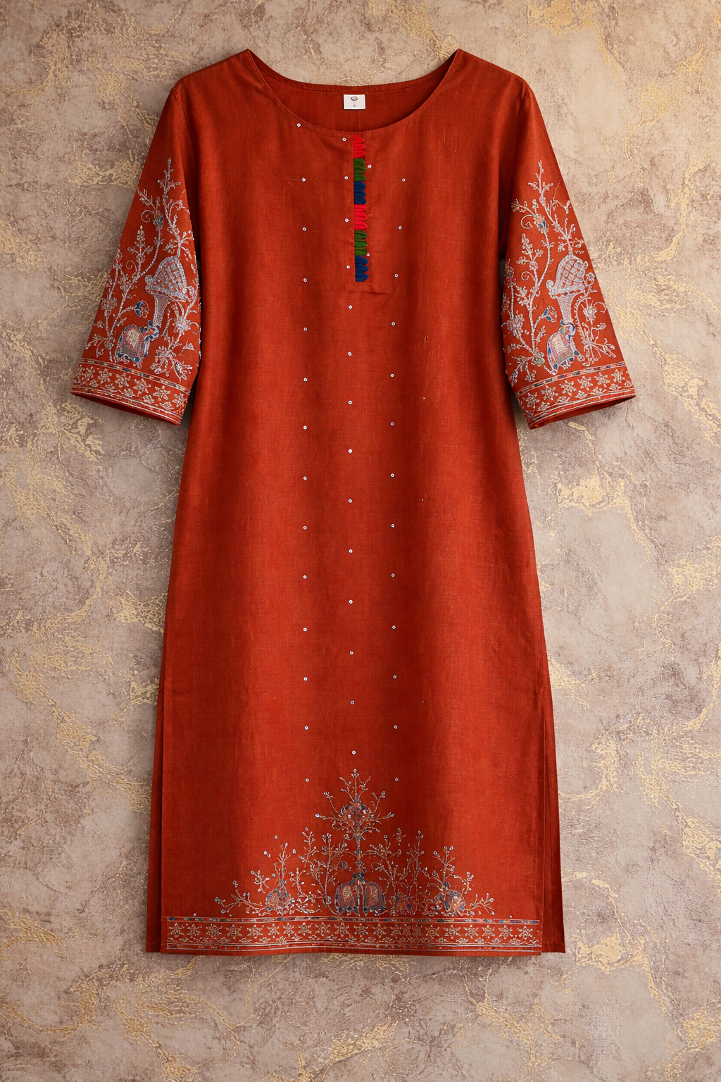Terracotta Rust Embroidered Visco Silk Kurta Set