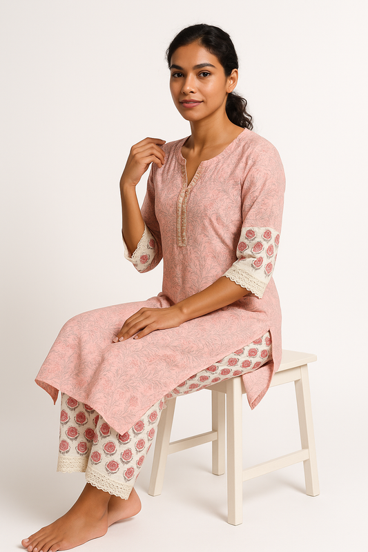 🌸 Blush Petal Handblock Cotton Kurta Set with Dupatta 🌸