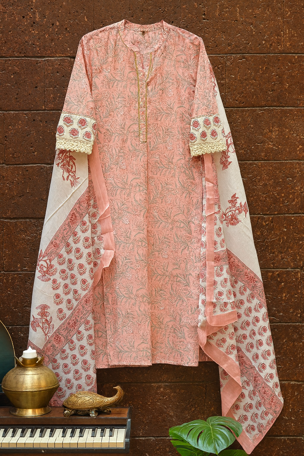 🌸 Blush Petal Handblock Cotton Kurta Set with Dupatta 🌸