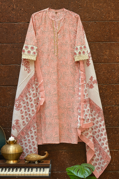 🌸 Blush Petal Handblock Cotton Kurta Set with Dupatta 🌸