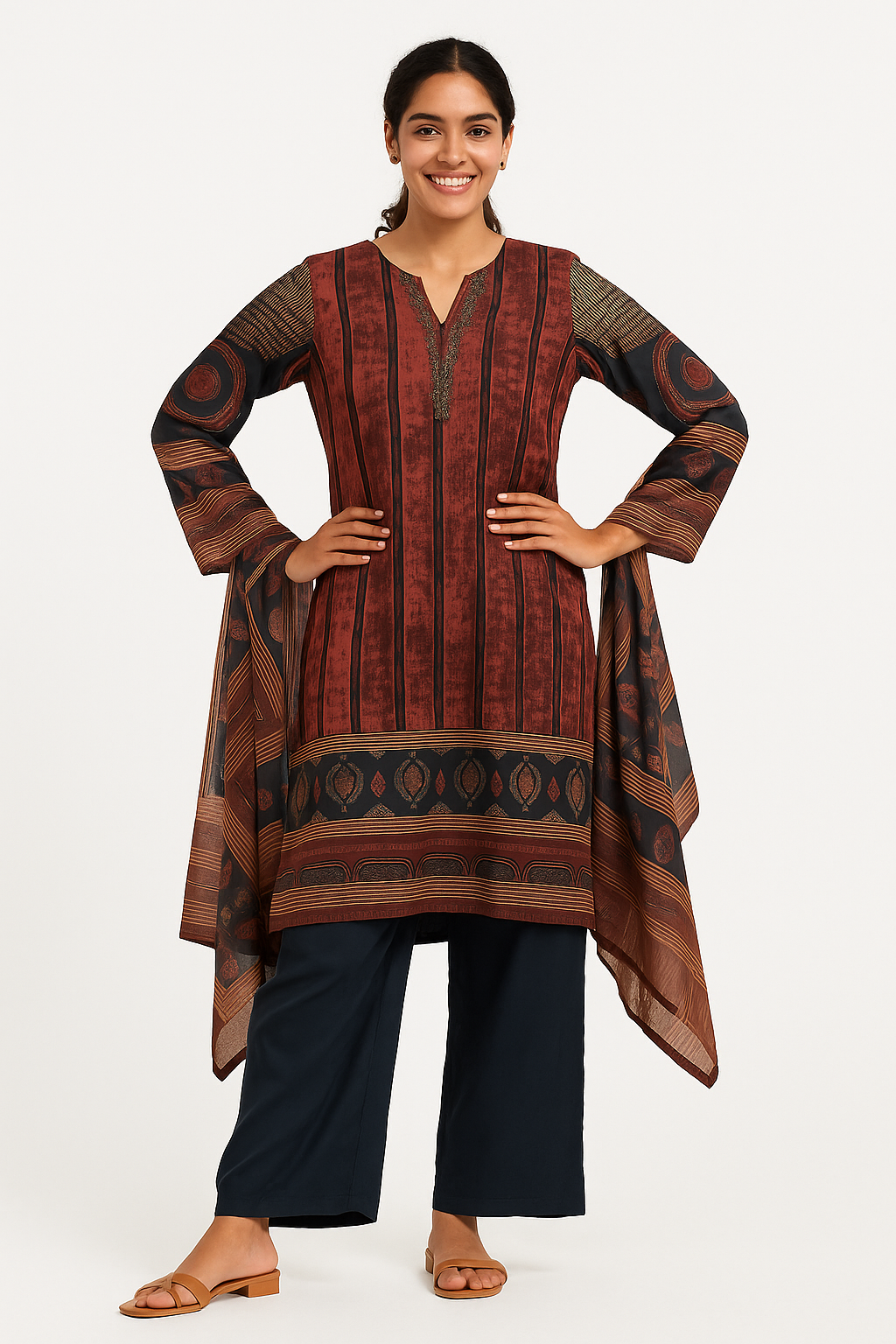 Rustic Heritage Ajrakh Brown Cotton Kurtha Set