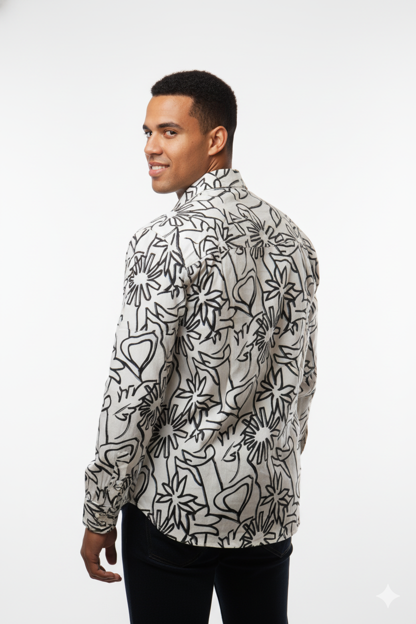 Black &amp; White Abstract Floral Print Long-Sleeve Shirt