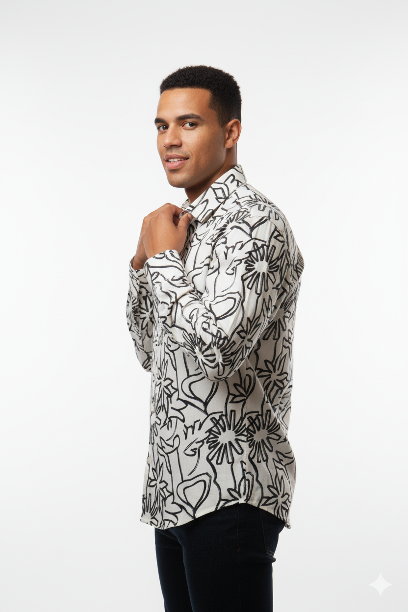 Black &amp; White Abstract Floral Print Long-Sleeve Shirt