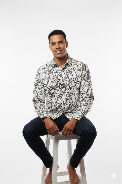 Black &amp; White Abstract Floral Print Long-Sleeve Shirt