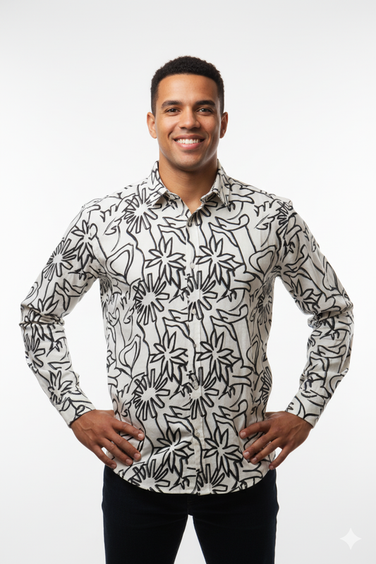 Black &amp; White Abstract Floral Print Long-Sleeve Shirt