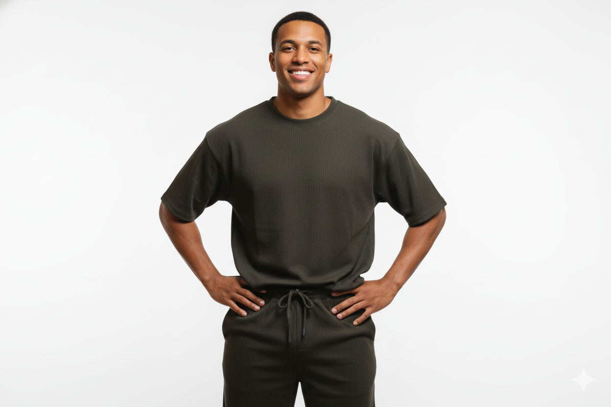 The Waffle-Knit Hunter Dark Blue and Black Lounge Co-ord Set (T-Shirt & Shorts)
