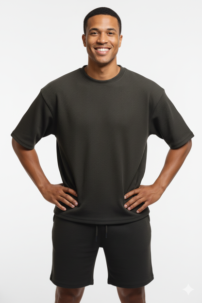 The Waffle-Knit Hunter Dark Blue and Black Lounge Co-ord Set (T-Shirt & Shorts)