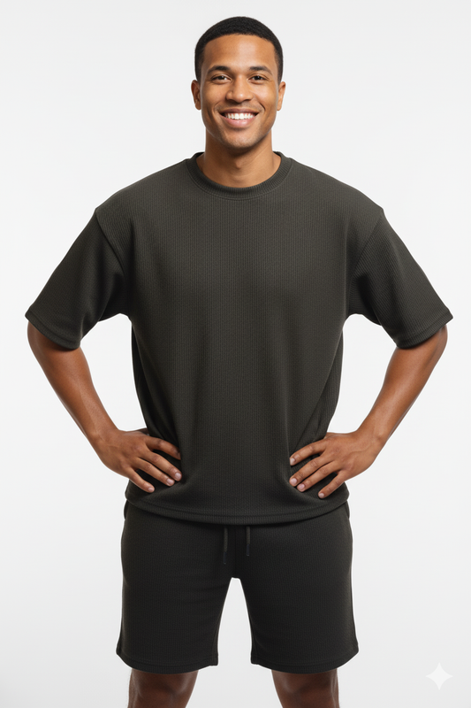 The Waffle-Knit Hunter Dark Blue and Black Lounge Co-ord Set (T-Shirt & Shorts)