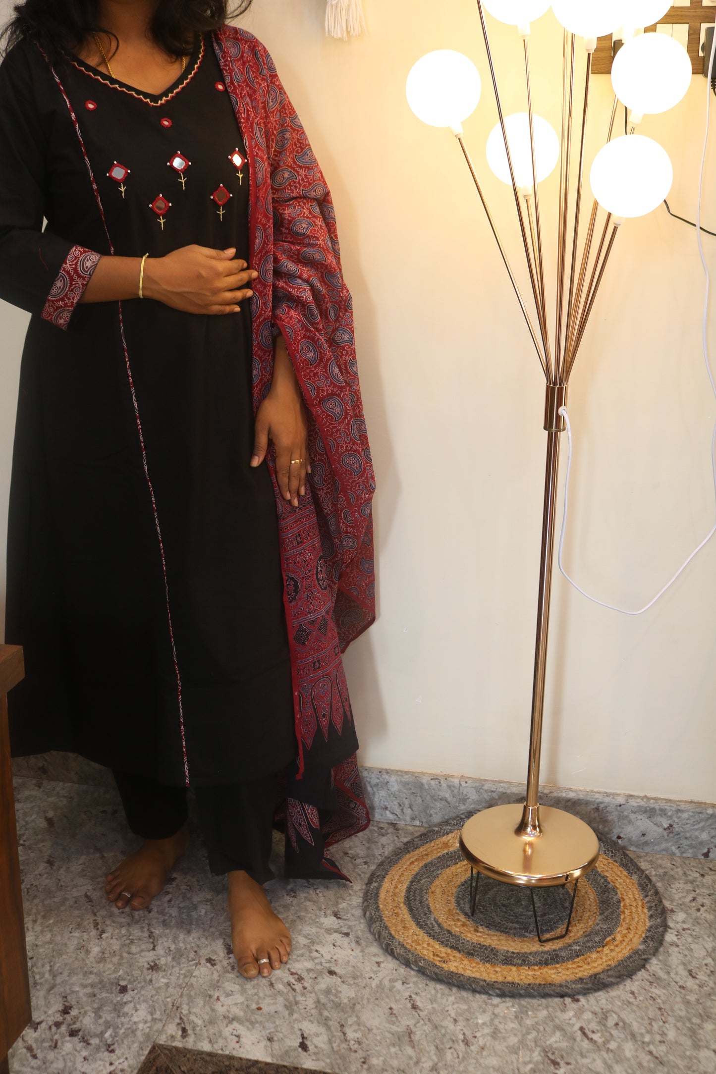 Black Gamthi Cotton Kurta Set with Embroidered Details and Printed Dupatta