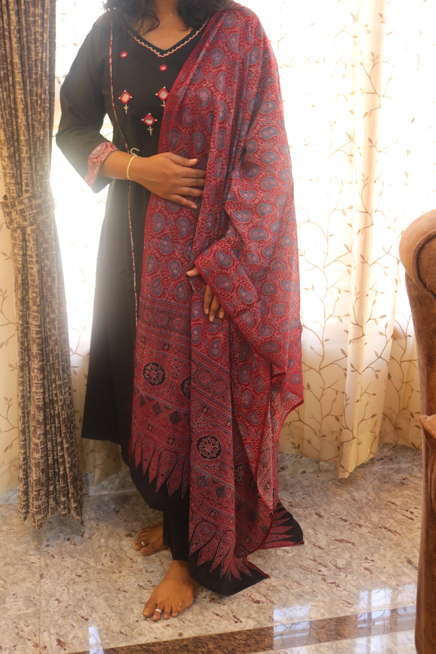 Black Gamthi Cotton Kurta Set with Embroidered Details and Printed Dupatta