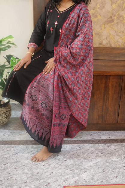 Black Gamthi Cotton Kurta Set with Embroidered Details and Printed Dupatta