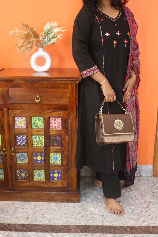 Black Gamthi Cotton Kurta Set with Embroidered Details and Printed Dupatta