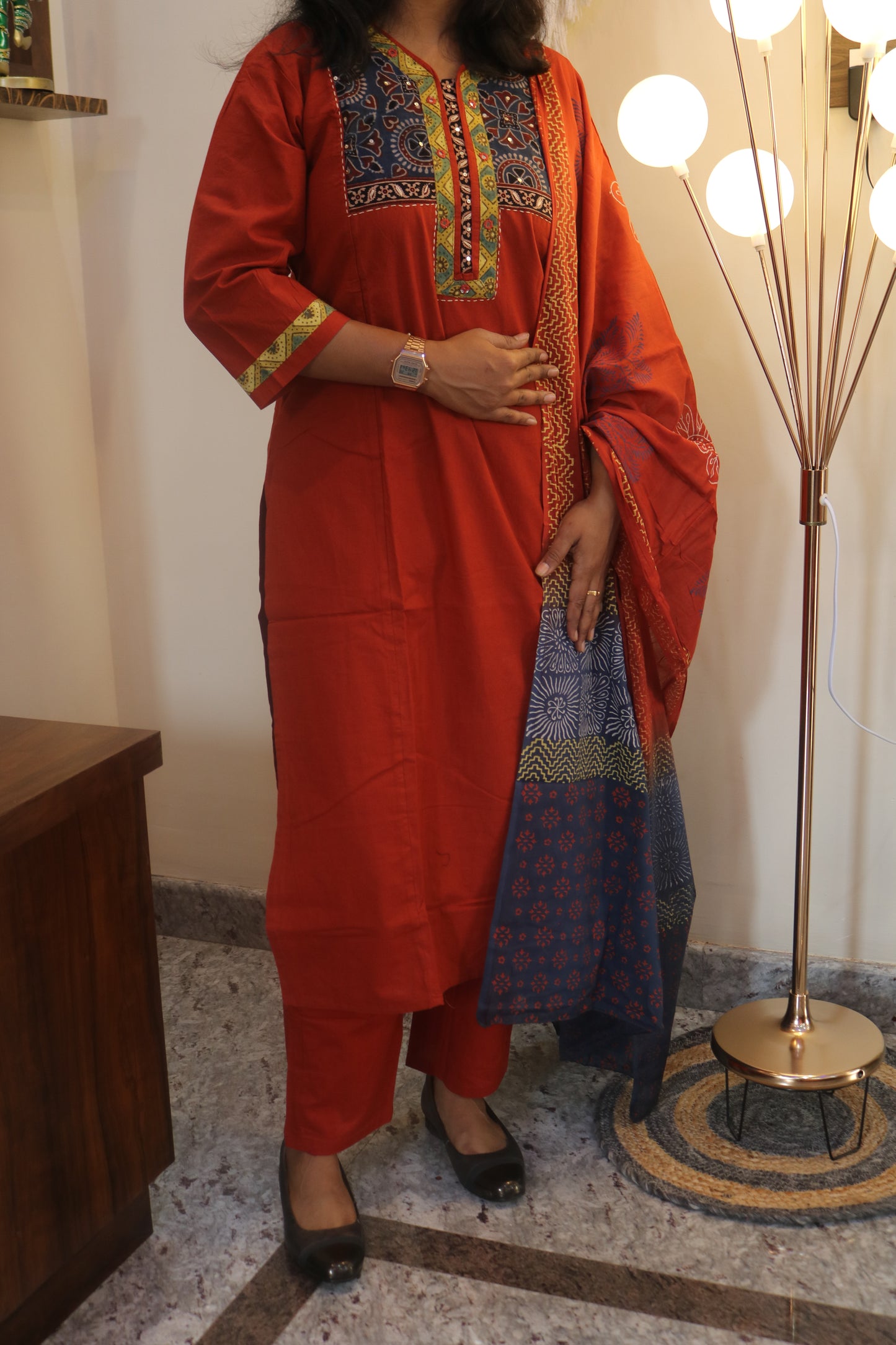 Red Gamthi Cotton Kurta Set with Embroidered Yoke and Printed Dupatta
