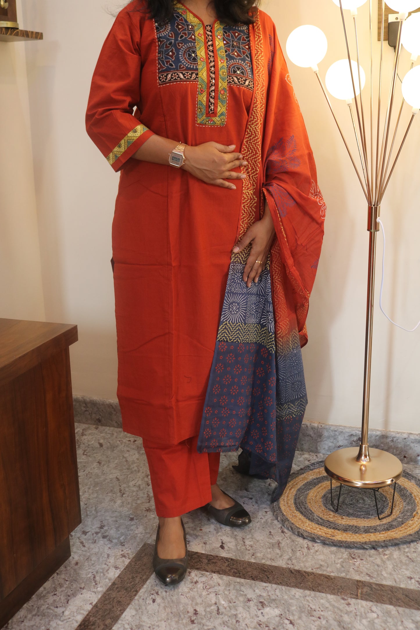Red Gamthi Cotton Kurta Set with Embroidered Yoke and Printed Dupatta