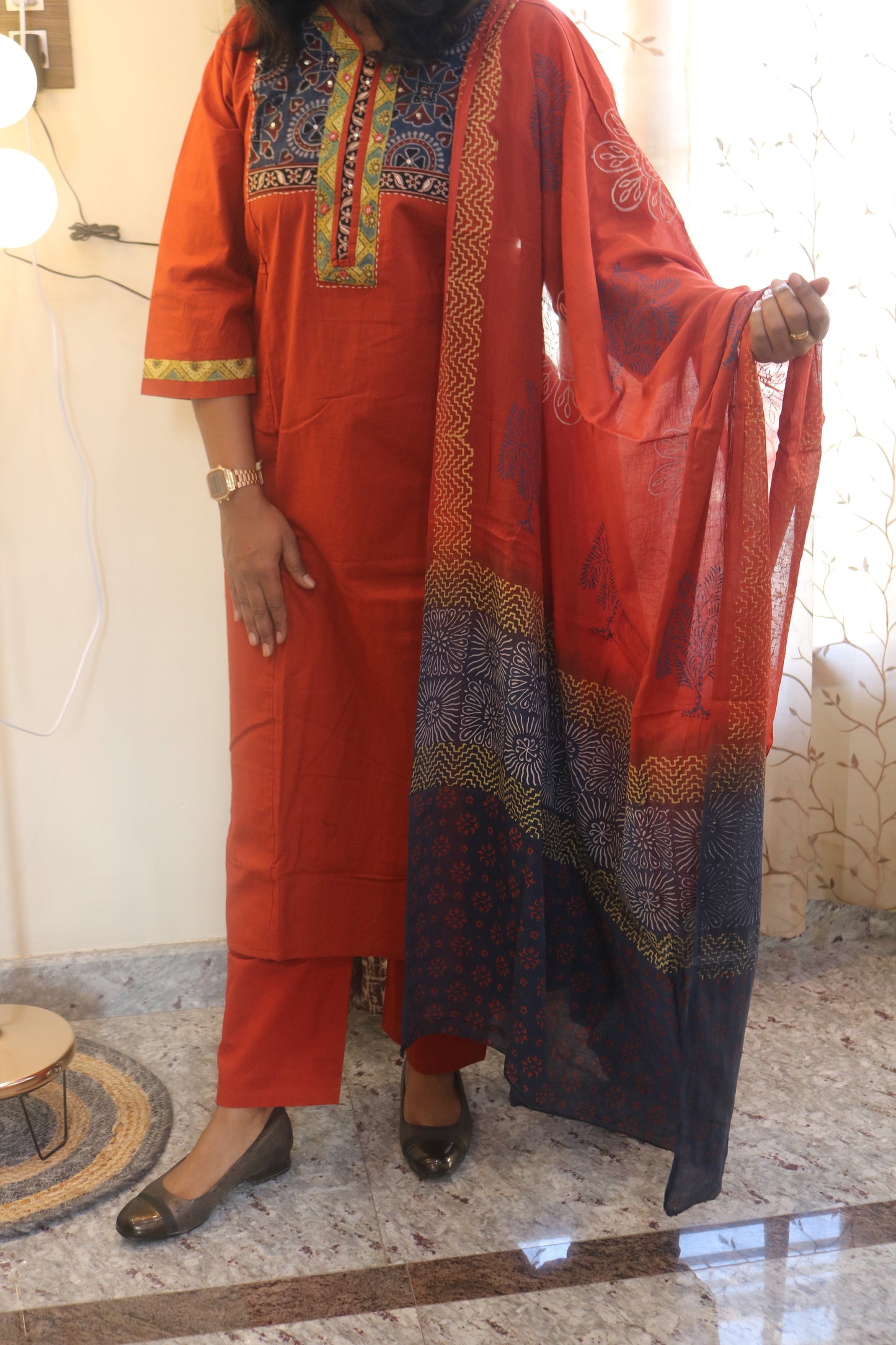 Red Gamthi Cotton Kurta Set with Embroidered Yoke and Printed Dupatta