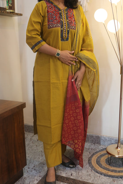 Yellow Gamthi Cotton Kurta Set with Embroidered Yoke and Printed Dupatta