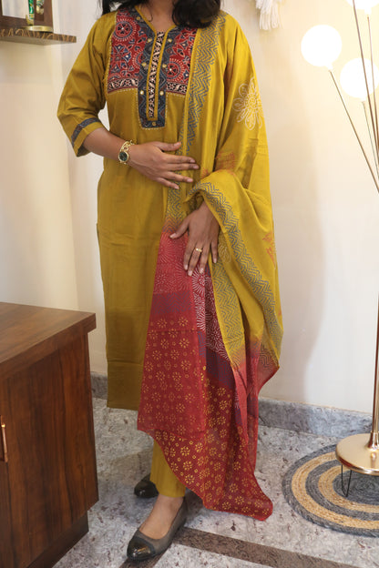 Yellow Gamthi Cotton Kurta Set with Embroidered Yoke and Printed Dupatta