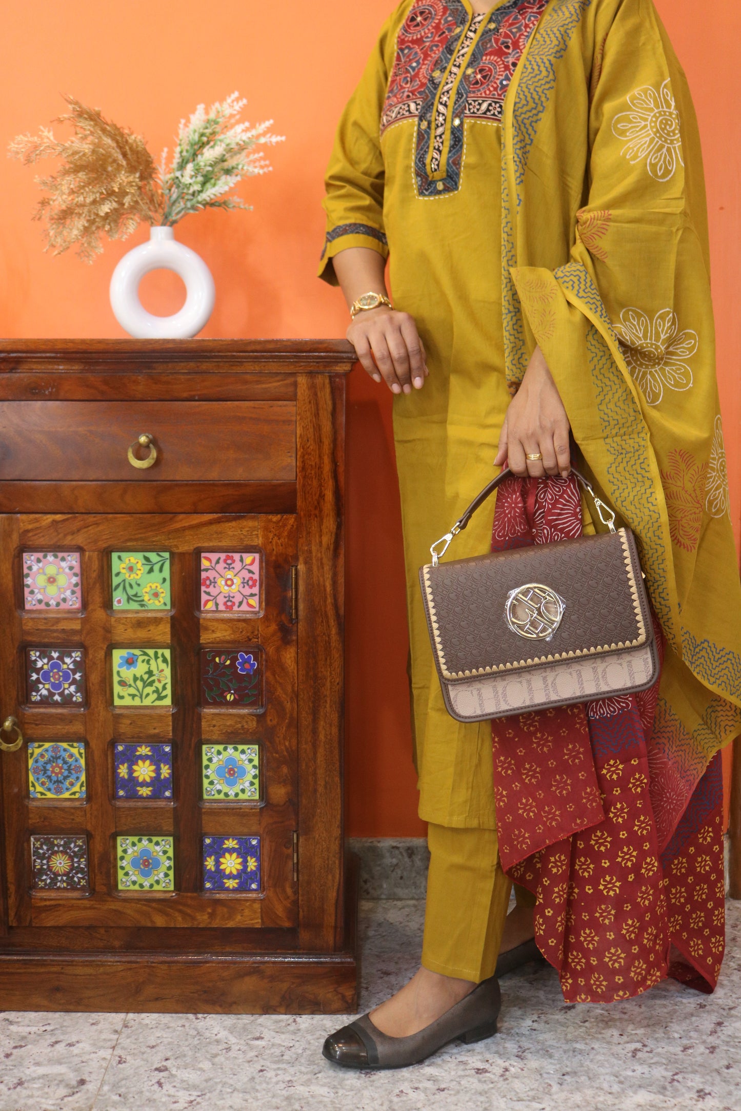 Yellow Gamthi Cotton Kurta Set with Embroidered Yoke and Printed Dupatta