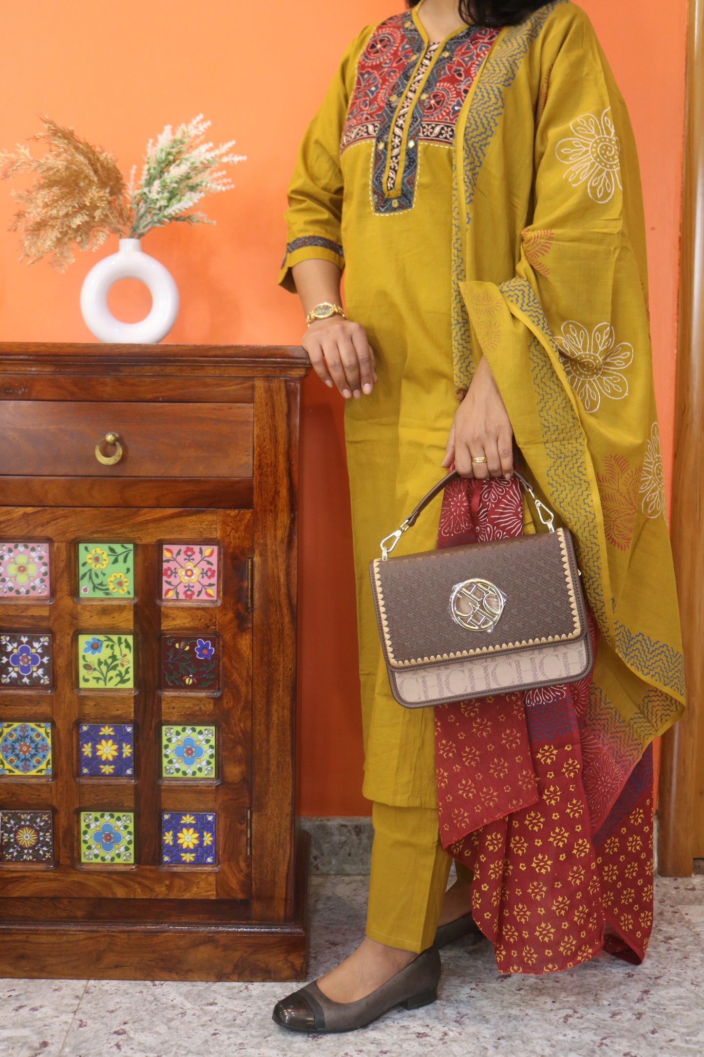 Yellow Gamthi Cotton Kurta Set with Embroidered Yoke and Printed Dupatta