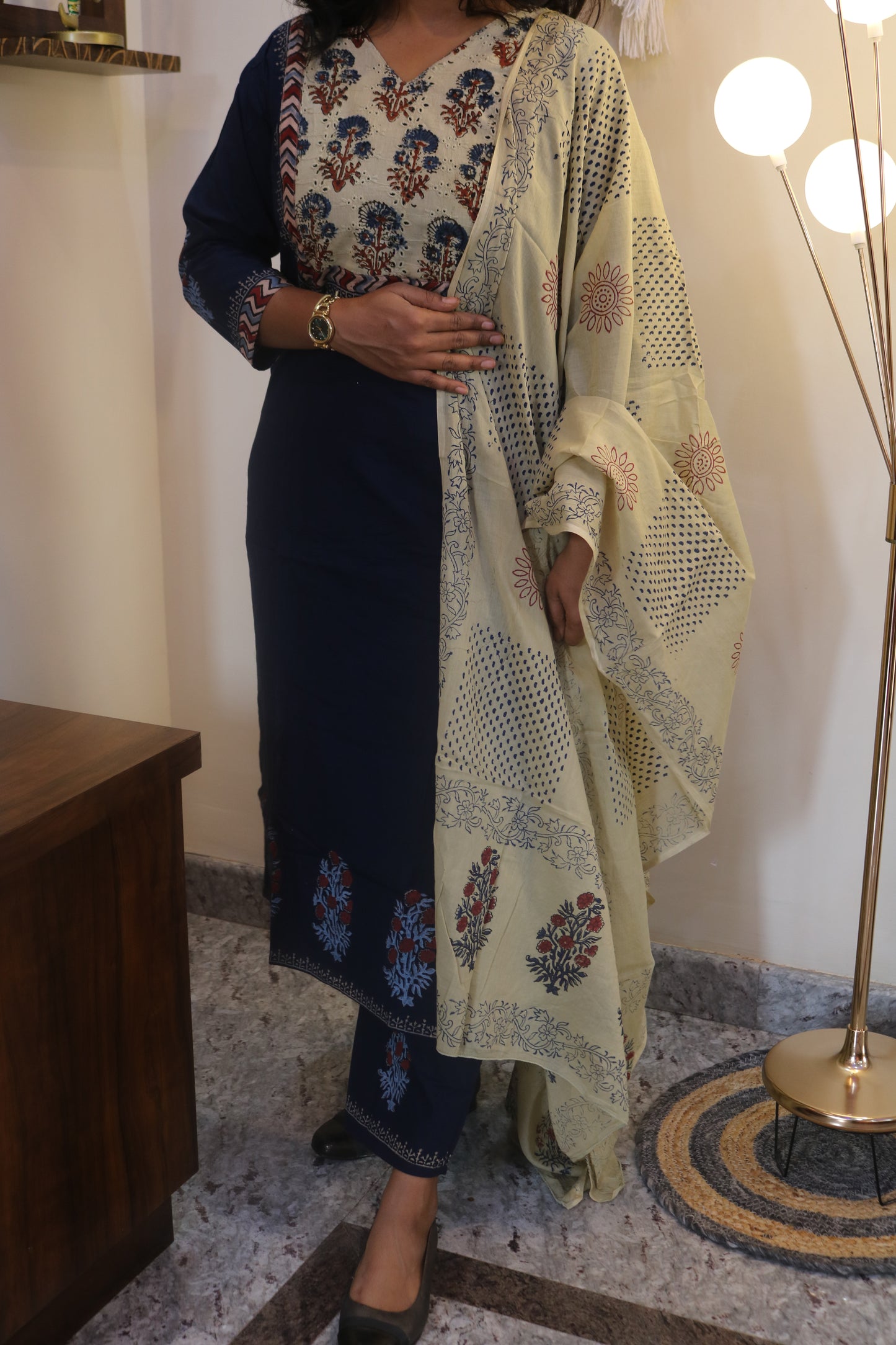 Navy Blue Gamthi Cotton Kurta Set with Printed Yoke and Floral Dupatta