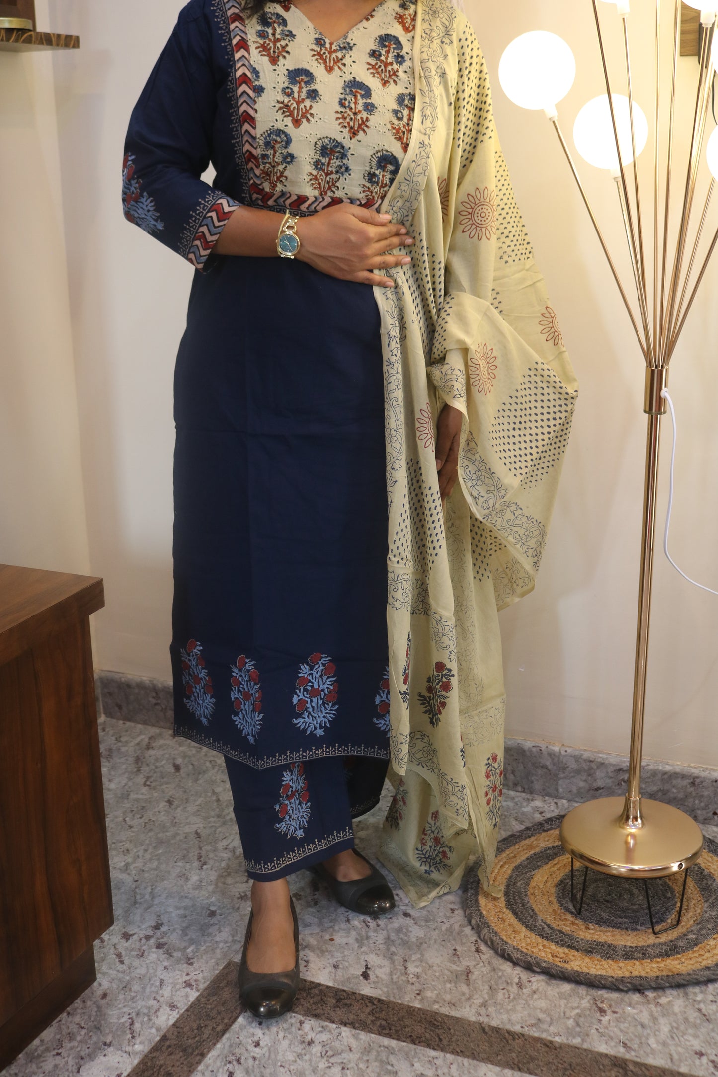 Navy Blue Gamthi Cotton Kurta Set with Printed Yoke and Floral Dupatta
