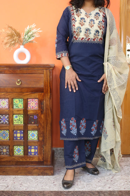 Navy Blue Gamthi Cotton Kurta Set with Printed Yoke and Floral Dupatta