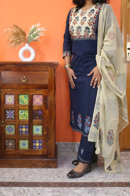 Navy Blue Gamthi Cotton Kurta Set with Printed Yoke and Floral Dupatta