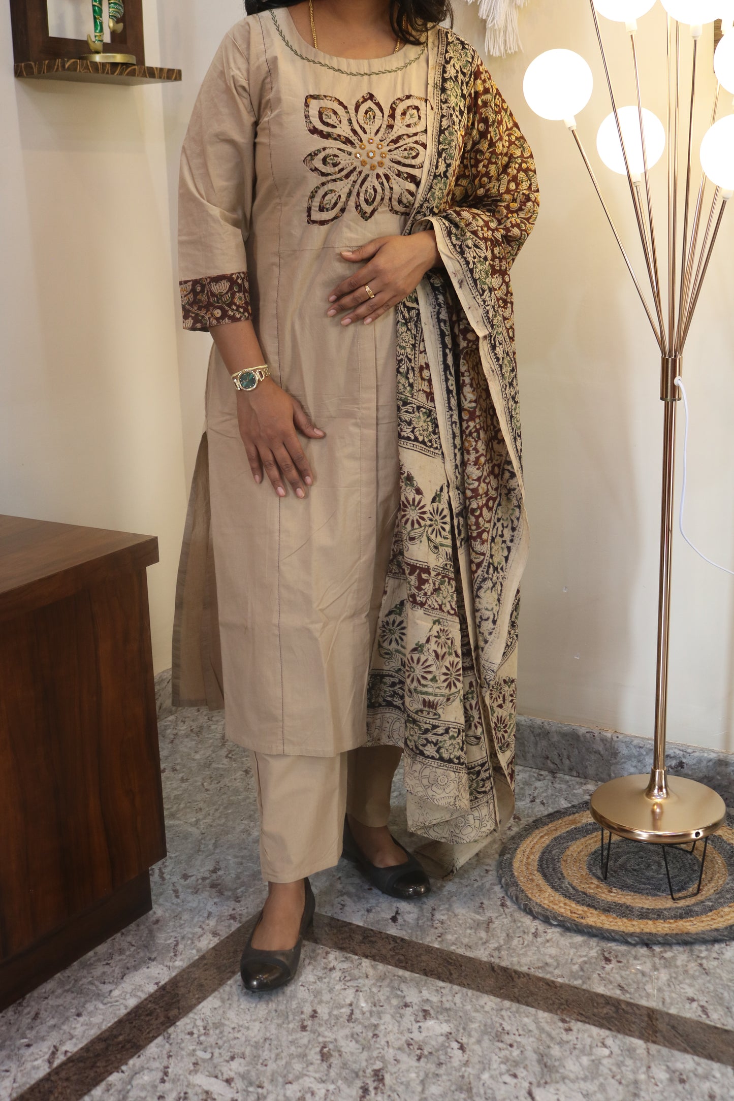 Beige Gamthi Cotton Kurta Set with Embroidered Floral Motif and Printed Dupatta