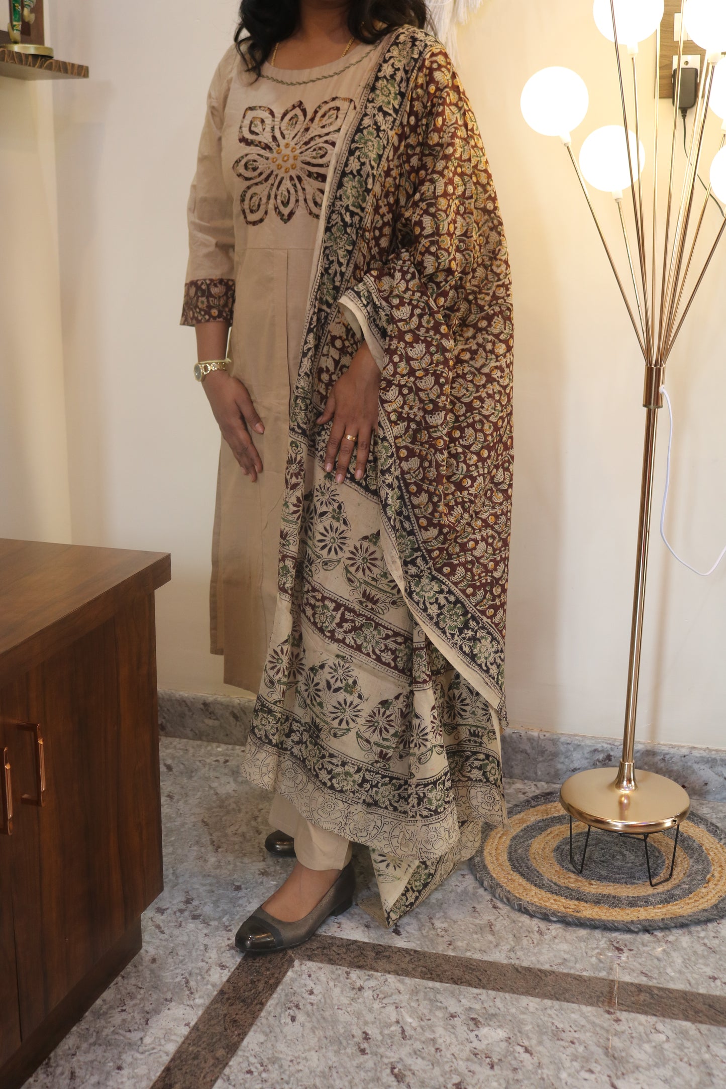 Beige Gamthi Cotton Kurta Set with Embroidered Floral Motif and Printed Dupatta