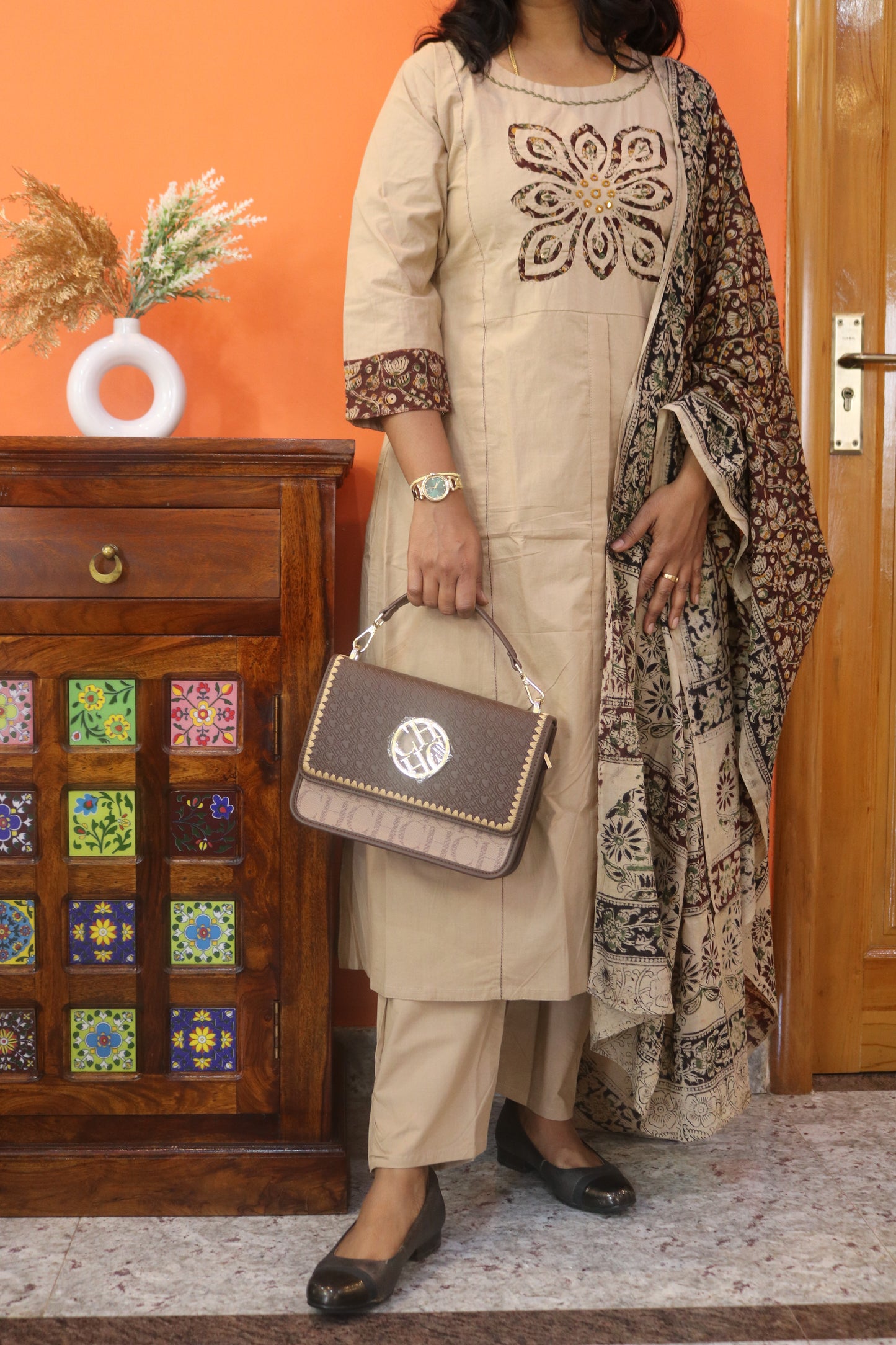 Beige Gamthi Cotton Kurta Set with Embroidered Floral Motif and Printed Dupatta