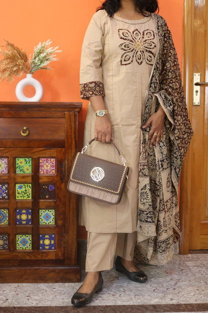 Beige Gamthi Cotton Kurta Set with Embroidered Floral Motif and Printed Dupatta