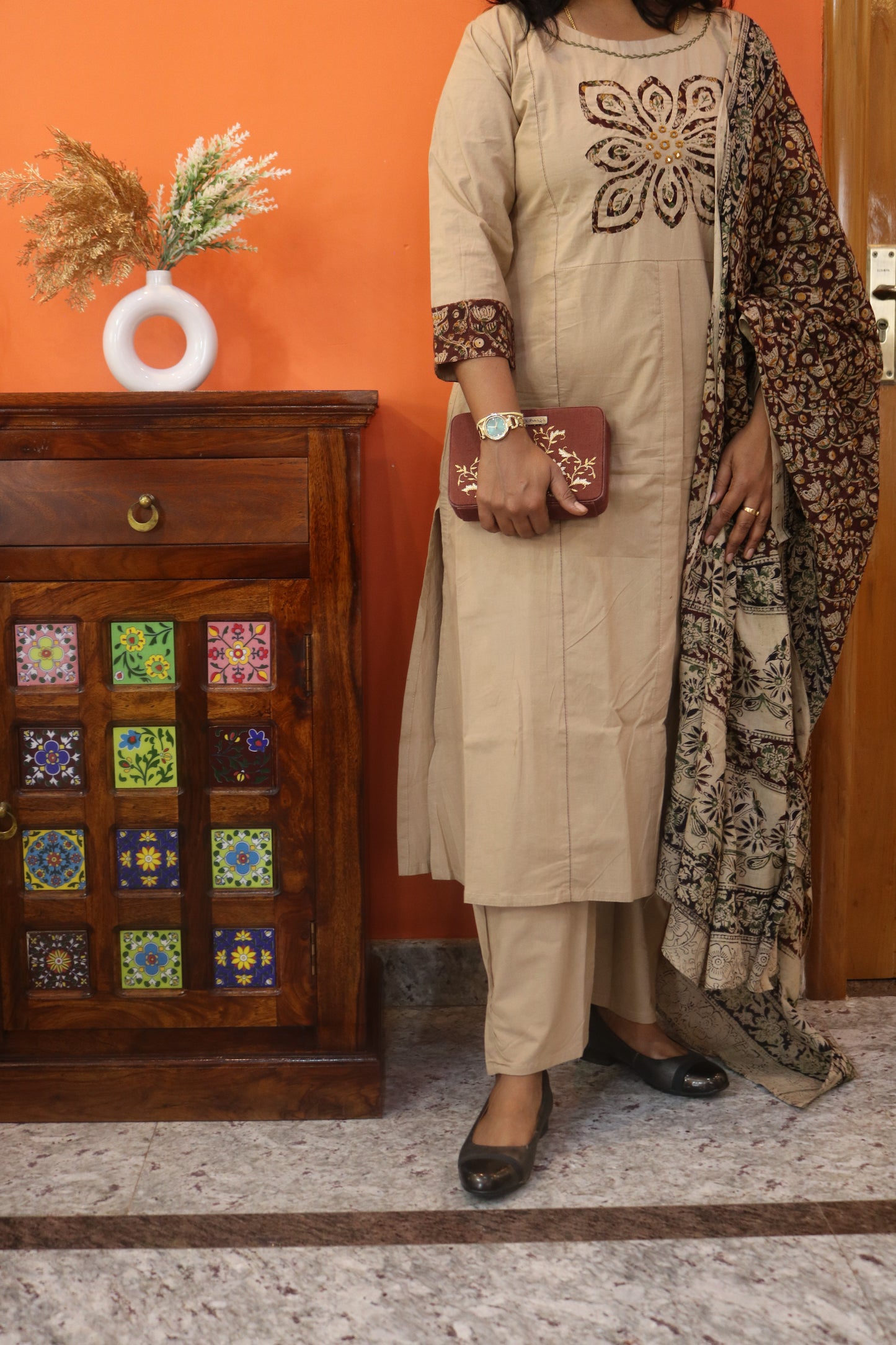 Beige Gamthi Cotton Kurta Set with Embroidered Floral Motif and Printed Dupatta