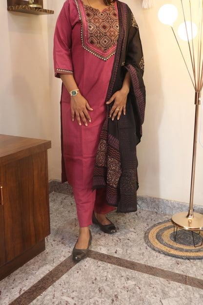 Maroon Gamthi Cotton Kurta Set with Embroidered Yoke and Printed Dupatta