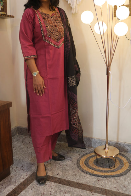 Maroon Gamthi Cotton Kurta Set with Embroidered Yoke and Printed Dupatta