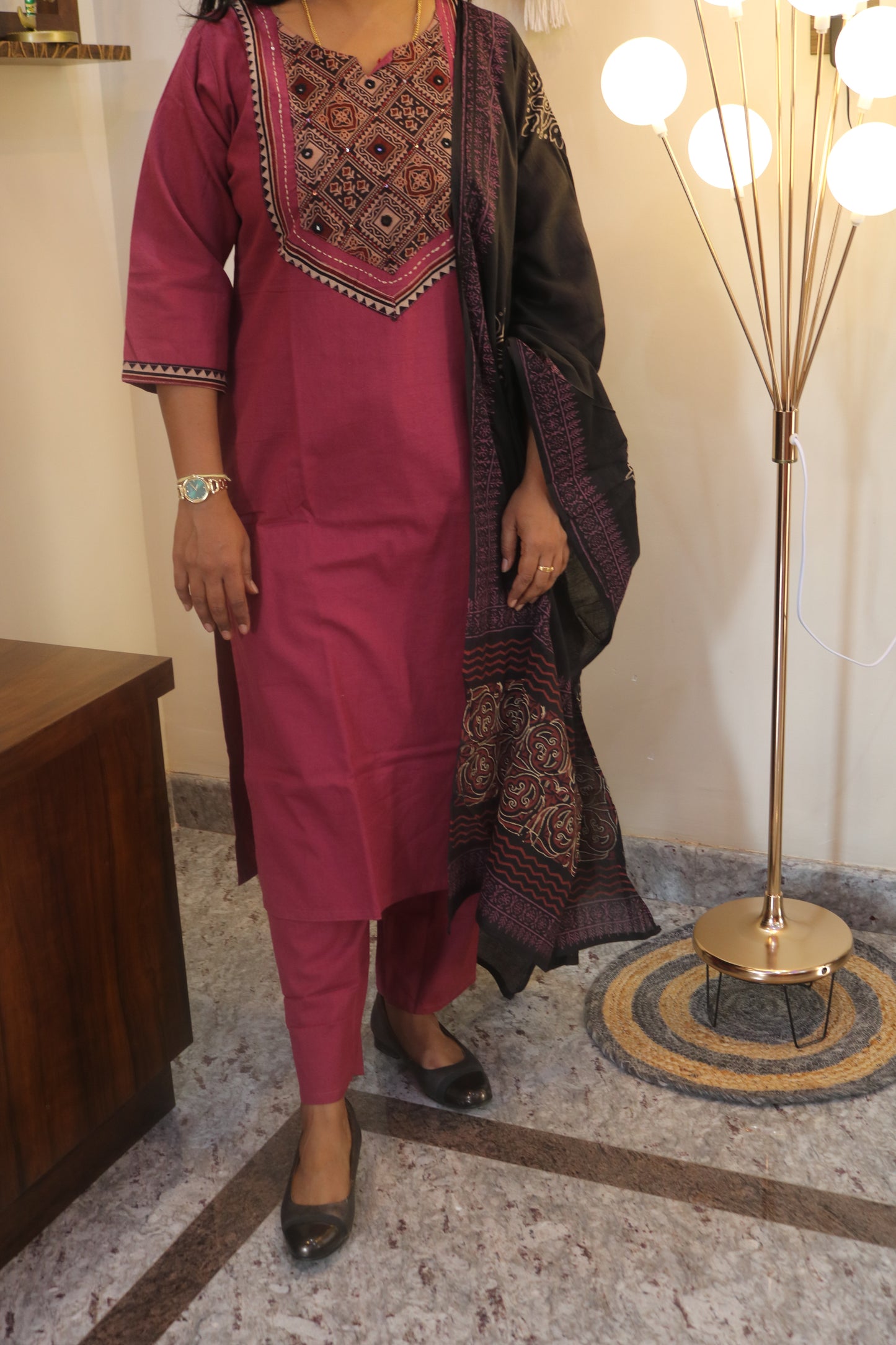 Maroon Gamthi Cotton Kurta Set with Embroidered Yoke and Printed Dupatta
