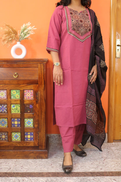 Maroon Gamthi Cotton Kurta Set with Embroidered Yoke and Printed Dupatta