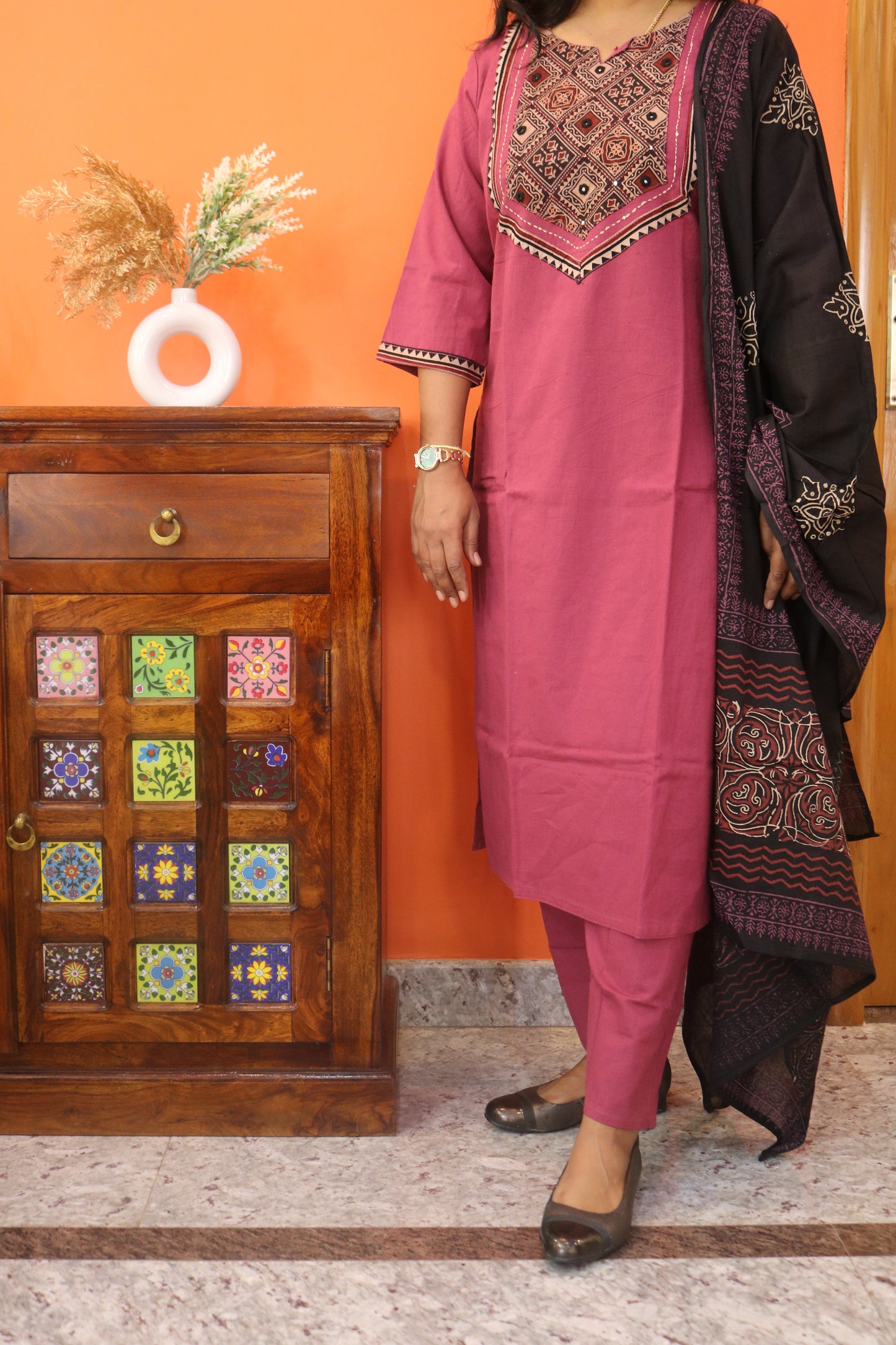 Maroon Gamthi Cotton Kurta Set with Embroidered Yoke and Printed Dupatta