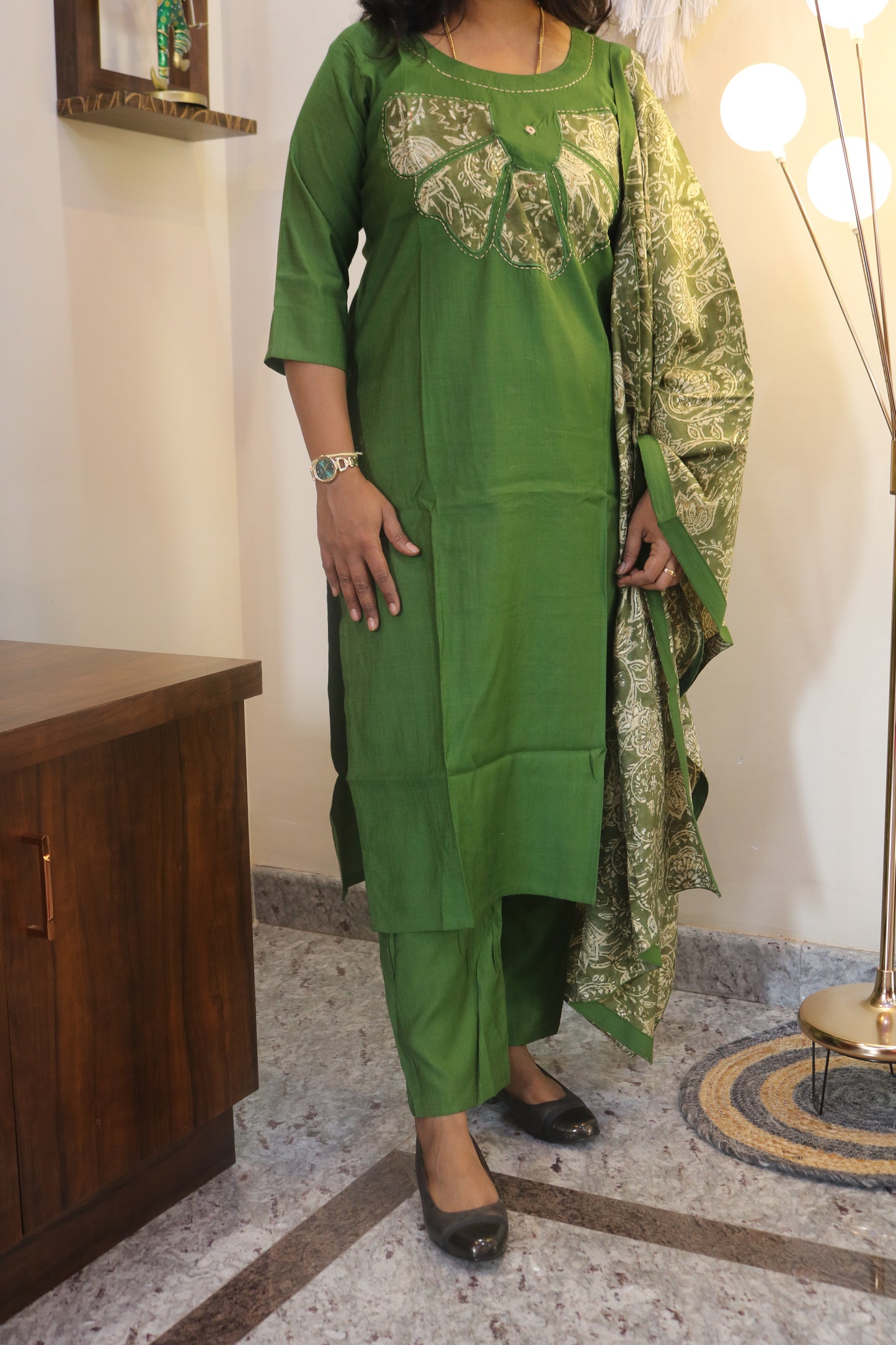 Bottle Green Rayon Embroidered Straight Kurta Set with Golden Floral Printed Dupatta