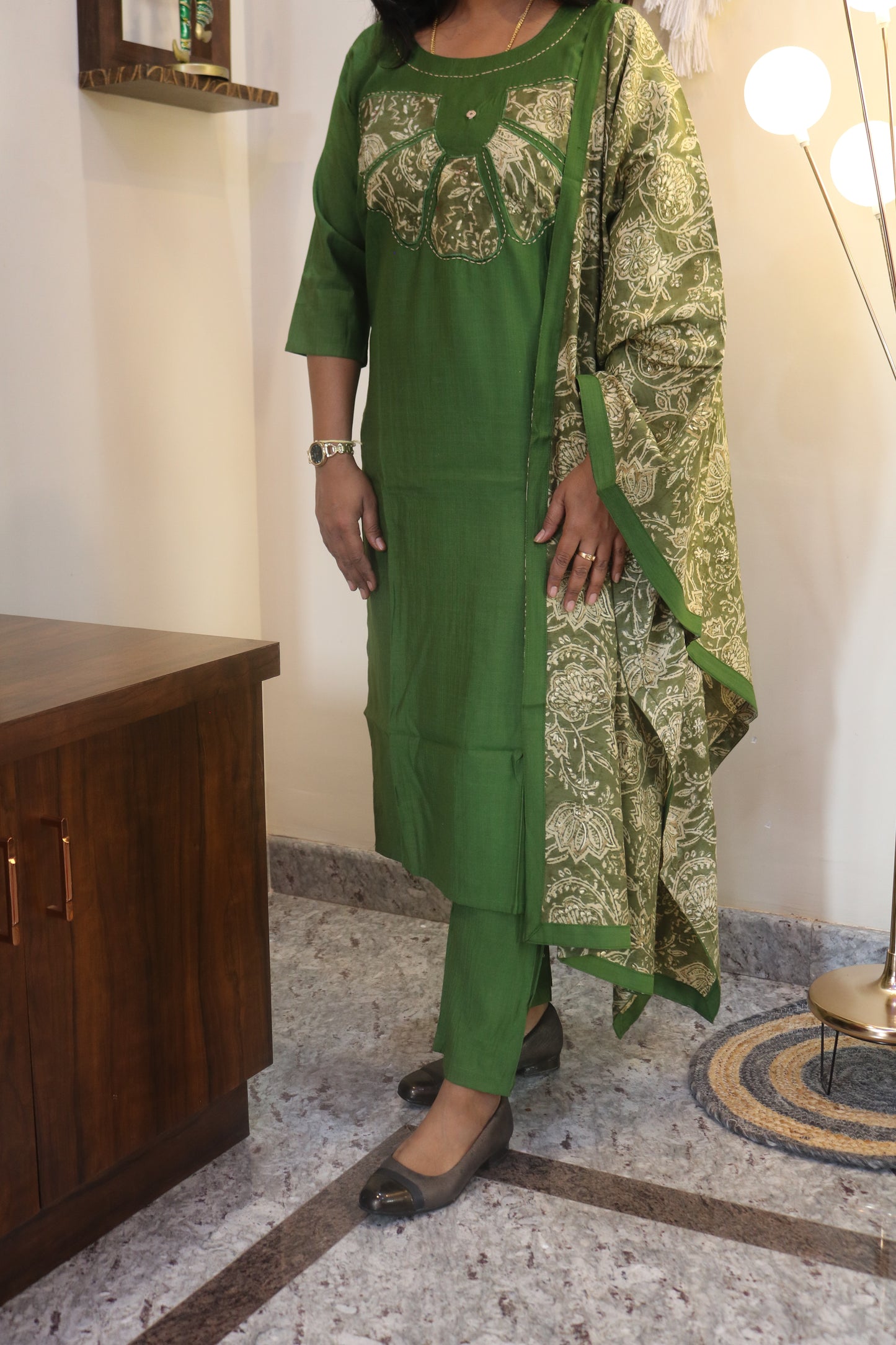 Bottle Green Rayon Embroidered Straight Kurta Set with Golden Floral Printed Dupatta