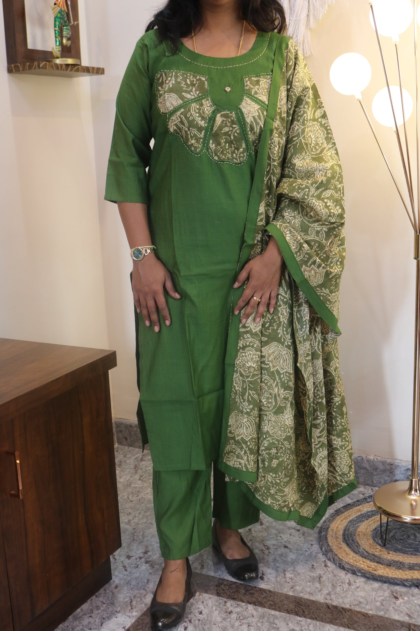 Bottle Green Rayon Embroidered Straight Kurta Set with Golden Floral Printed Dupatta