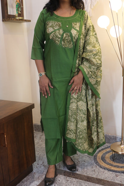 Bottle Green Rayon Embroidered Straight Kurta Set with Golden Floral Printed Dupatta