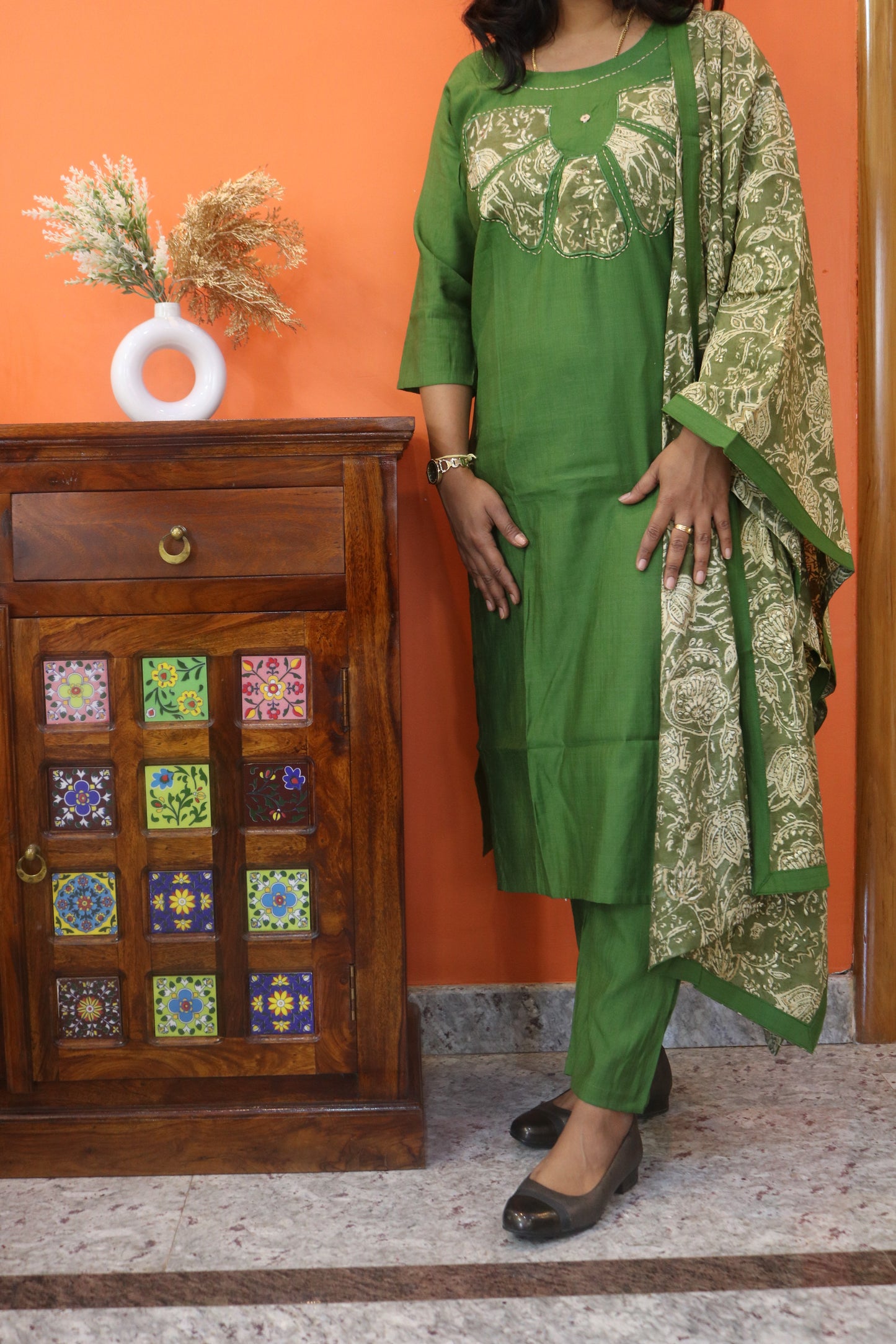 Bottle Green Rayon Embroidered Straight Kurta Set with Golden Floral Printed Dupatta