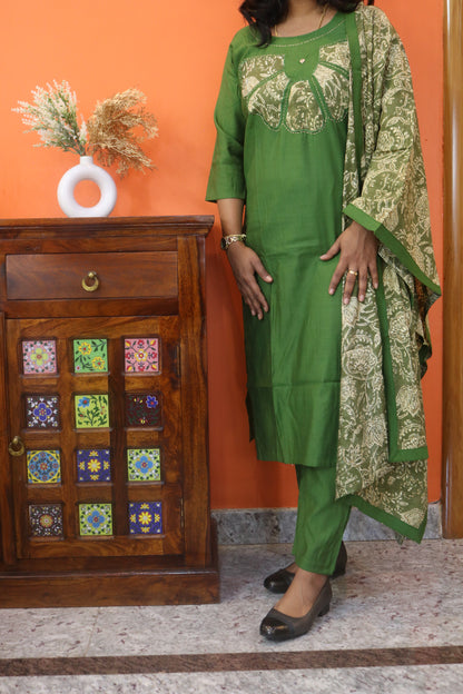 Bottle Green Rayon Embroidered Straight Kurta Set with Golden Floral Printed Dupatta