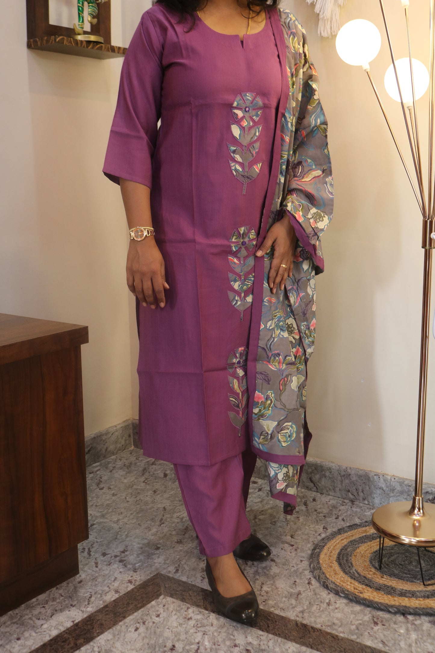 Maroon Gamthi Cotton Kurta Set with Leaf Embroidery and Floral Dupatta