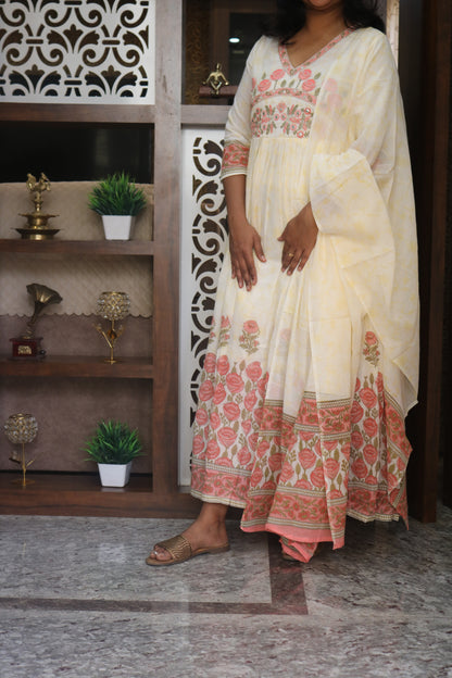Off-White Floral Printed Pure Cotton Anarkali Kurta with Dupatta Set