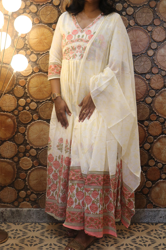 Off-White Floral Printed Pure Cotton Anarkali Kurta with Dupatta Set
