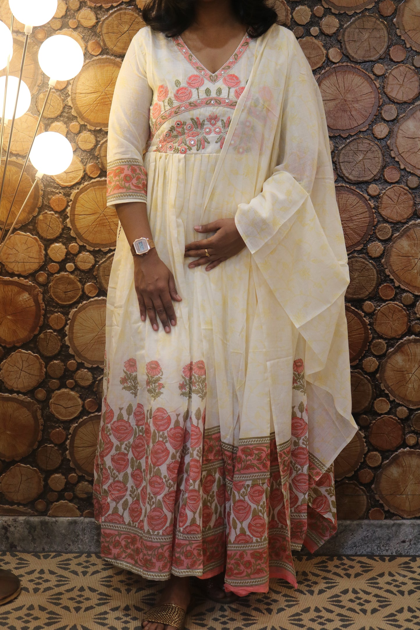 Off-White Floral Printed Pure Cotton Anarkali Kurta with Dupatta Set